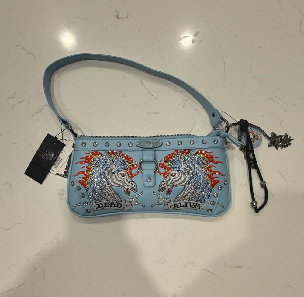 Ed Hardy Electric Sky Stallion Dead or Alive Studded Shoulder Bag